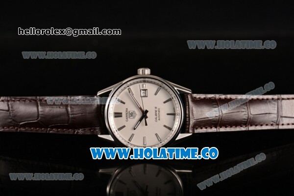 Tag Heuer Carrera Calibre 5 Automatic Swiss ETA 2824 Automatic Steel Case with White Dial Stick Markers and Brown Leather Strap - Click Image to Close